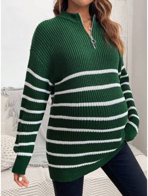 SHEIN Maternity Striped Pattern Zipper Front Drop Shoulder Sweater