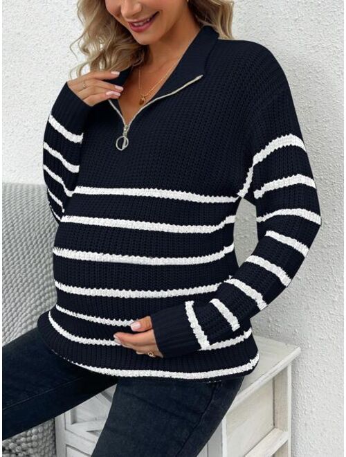 SHEIN Maternity Striped Pattern Zipper Front Drop Shoulder Sweater