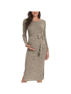 guruixu Crewneck Maternity Dress Rib Knit Long Sleeve Photoshoot Baby Shower Dresses Slit Pregnancy Sweater Clothes with Belt