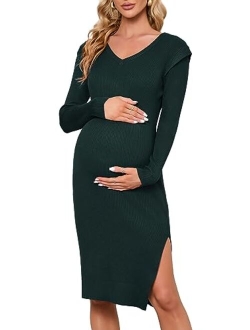 KOJOOIN Women's Maternity V Neck Sweater Dress Rib Knit Long Sleeve Bodycon Side Slit Midi Dress Fall Photoshoot Baby Shower