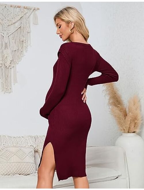 KOJOOIN Women's Maternity V Neck Sweater Dress Rib Knit Long Sleeve Bodycon Side Slit Midi Dress Fall Photoshoot Baby Shower