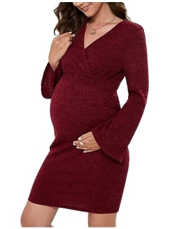 KOJOOIN Maternity Dress Rib Knit Wrap V Neck Bell Long Sleeve Sweater Bodycon Midi Dress Baby Shower Photoshoot