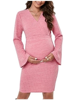 KOJOOIN Maternity Dress Rib Knit Wrap V Neck Bell Long Sleeve Sweater Bodycon Midi Dress Baby Shower Photoshoot