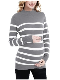 Bhome Maternity Sweater Turtleneck Stripes Long Sleeve Knit Sweater Loose Pregnant Pullover with Buttons Top