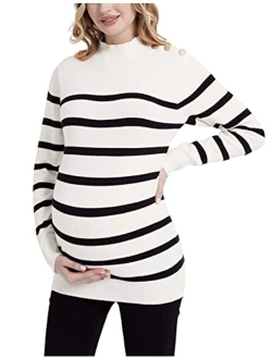 Bhome Maternity Sweater Turtleneck Stripes Long Sleeve Knit Sweater Loose Pregnant Pullover with Buttons Top