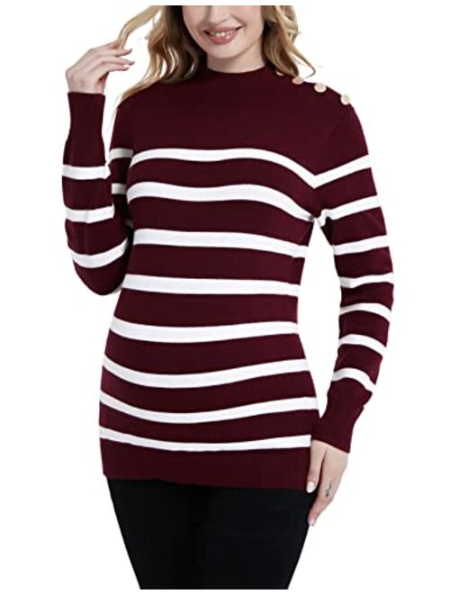 Bhome Maternity Sweater Turtleneck Stripes Long Sleeve Knit Sweater Loose Pregnant Pullover with Buttons Top