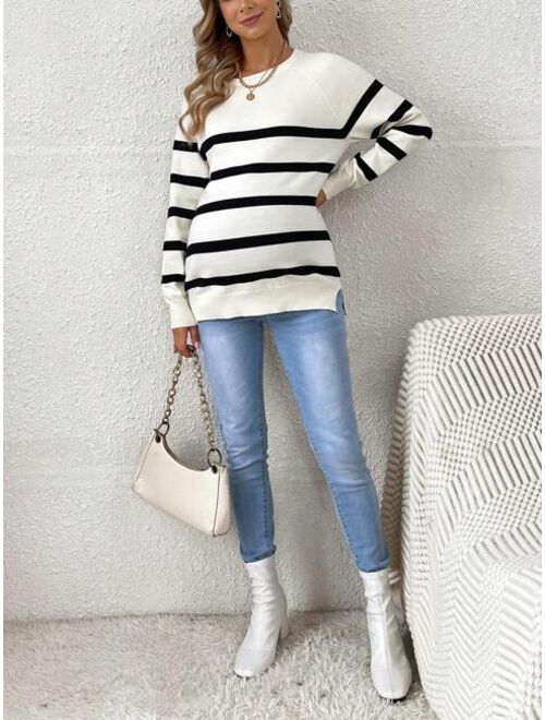 SHEIN Maternity Striped Raglan Sleeve Slit Hem Sweater