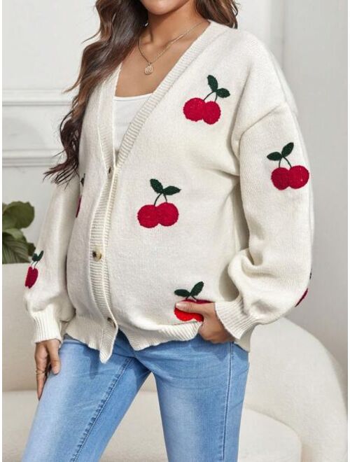 SHEIN Maternity Cherry Pattern Drop Shoulder Cardigan