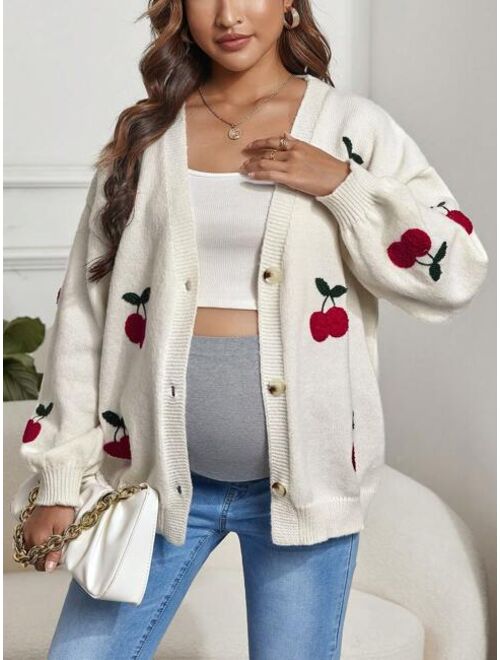 SHEIN Maternity Cherry Pattern Drop Shoulder Cardigan