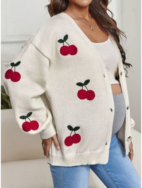 SHEIN Maternity Cherry Pattern Drop Shoulder Cardigan