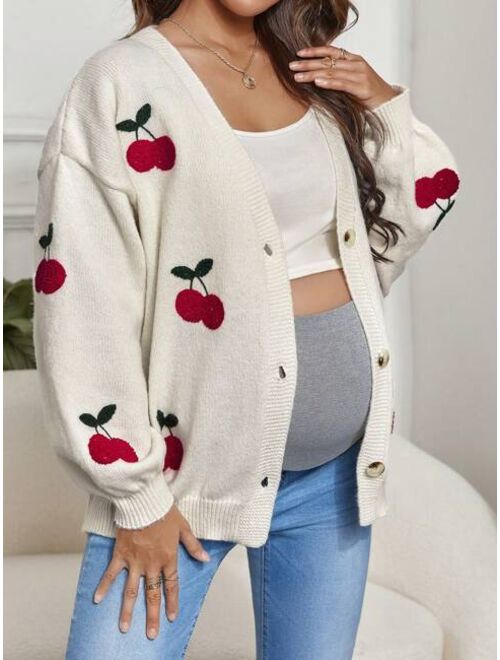 SHEIN Maternity Cherry Pattern Drop Shoulder Cardigan