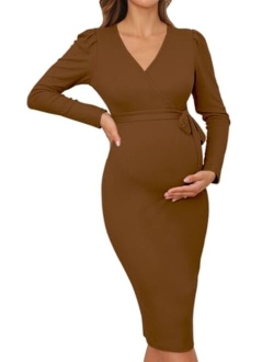 BZB Long Sleeve Maternity Sweater Dress V Neck Puff Sleeve Ribbed Bodycon Midi Pregnancy Dresses for Photoshoot with Belt