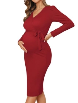 BZB Long Sleeve Maternity Sweater Dress V Neck Puff Sleeve Ribbed Bodycon Midi Pregnancy Dresses for Photoshoot with Belt