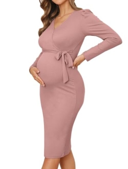 BZB Long Sleeve Maternity Sweater Dress V Neck Puff Sleeve Ribbed Bodycon Midi Pregnancy Dresses for Photoshoot with Belt