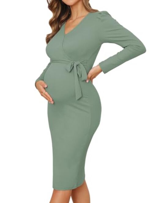 BZB Long Sleeve Maternity Sweater Dress V Neck Puff Sleeve Ribbed Bodycon Midi Pregnancy Dresses for Photoshoot with Belt