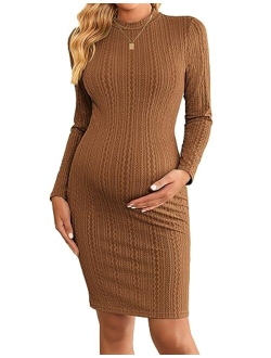 Womens Maternity Dress Rib Knit Stretchy Bodycon Pregnancy Dresses Mock Turtleneck Long Sleeve Pregnant Clothes