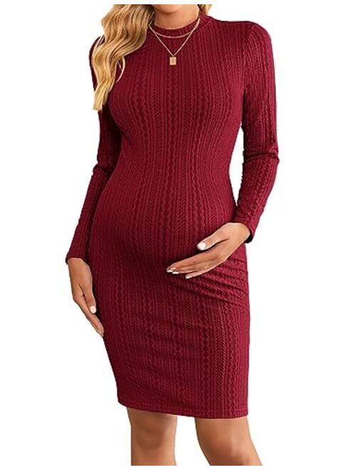 Ekouaer Womens Maternity Dress Rib Knit Stretchy Bodycon Pregnancy Dresses Mock Turtleneck Long Sleeve Pregnant Clothes