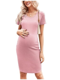 Maternity Dress Rib Knit Short Sleeve Bodycon Dresses Casual Stretchy Pregnancy Clothes S-XXL