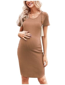 Maternity Dress Rib Knit Short Sleeve Bodycon Dresses Casual Stretchy Pregnancy Clothes S-XXL