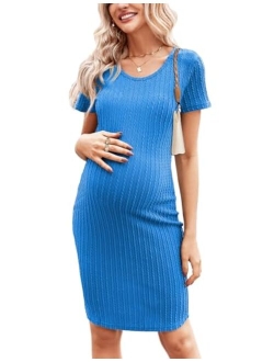 Maternity Dress Rib Knit Short Sleeve Bodycon Dresses Casual Stretchy Pregnancy Clothes S-XXL