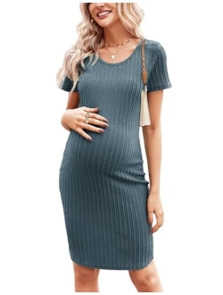 Maternity Dress Rib Knit Short Sleeve Bodycon Dresses Casual Stretchy Pregnancy Clothes S-XXL