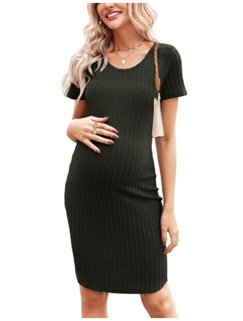 Ekouaer Maternity Dress Rib Knit Short Sleeve Bodycon Dresses Casual Stretchy Pregnancy Clothes S-XXL