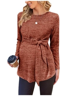 Women's Maternity Shirts Long Sleeve Pregnancy Tops Casual Ribbed Knit Pregnant Blouses S-XXL