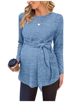 Women's Maternity Shirts Long Sleeve Pregnancy Tops Casual Ribbed Knit Pregnant Blouses S-XXL