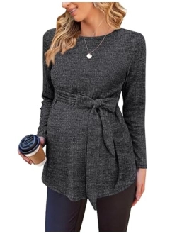 Women's Maternity Shirts Long Sleeve Pregnancy Tops Casual Ribbed Knit Pregnant Blouses S-XXL