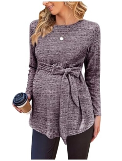 Women's Maternity Shirts Long Sleeve Pregnancy Tops Casual Ribbed Knit Pregnant Blouses S-XXL