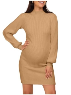 Lueluoye Maternity Sweater Dress for Pregnant Women Turtleneck Puff Sleeve Knit Slim Fit Bodycon Mini Dress