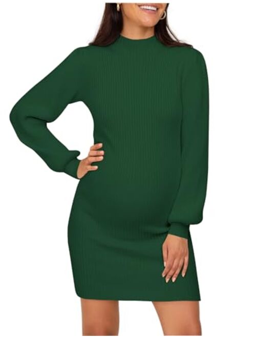 Lueluoye Maternity Sweater Dress for Pregnant Women Turtleneck Puff Sleeve Knit Slim Fit Bodycon Mini Dress