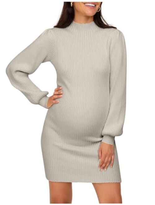 Lueluoye Maternity Sweater Dress for Pregnant Women Turtleneck Puff Sleeve Knit Slim Fit Bodycon Mini Dress