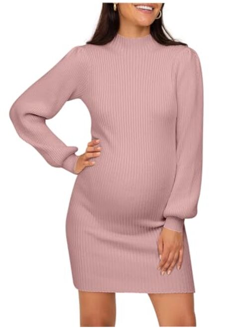 Lueluoye Maternity Sweater Dress for Pregnant Women Turtleneck Puff Sleeve Knit Slim Fit Bodycon Mini Dress