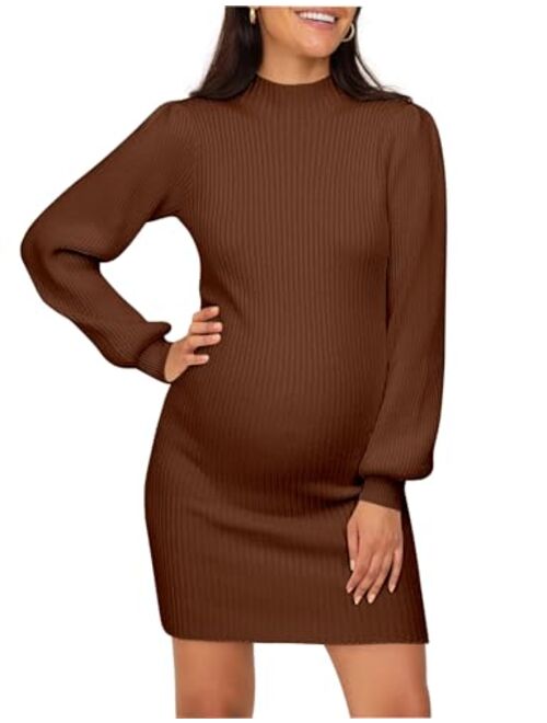 Lueluoye Maternity Sweater Dress for Pregnant Women Turtleneck Puff Sleeve Knit Slim Fit Bodycon Mini Dress