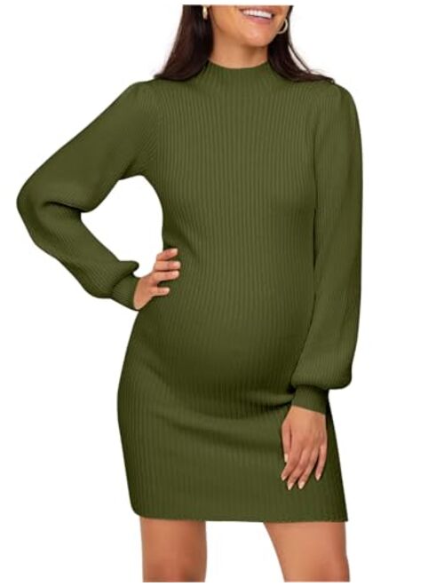 Lueluoye Maternity Sweater Dress for Pregnant Women Turtleneck Puff Sleeve Knit Slim Fit Bodycon Mini Dress