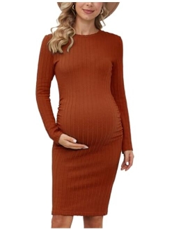 Rheane Women's B Shape Side Ruch Knit Ribbed Maternity Bodycon Dress/Midi Dress with Long Sleeves for Daily Wear & Baby Shower