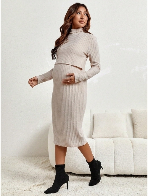 Verdusa Women's Maternity Nursing Turtle Neck Long Sleeve Midi Bodycon Dress