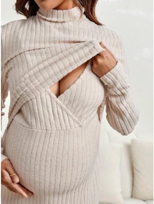 Verdusa Women's Maternity Nursing Turtle Neck Long Sleeve Midi Bodycon Dress