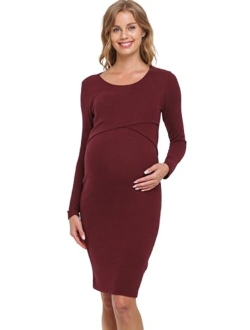 LaClef Womens Double Layer Long Sleeve Bodycon Maternity Nursing Dress