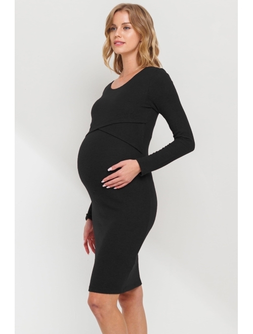 LaClef Womens Double Layer Long Sleeve Bodycon Maternity Nursing Dress