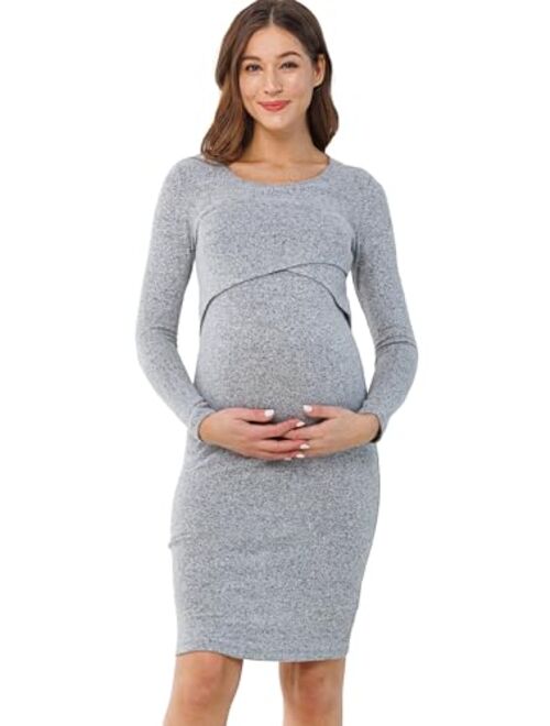 LaClef Womens Double Layer Long Sleeve Bodycon Maternity Nursing Dress