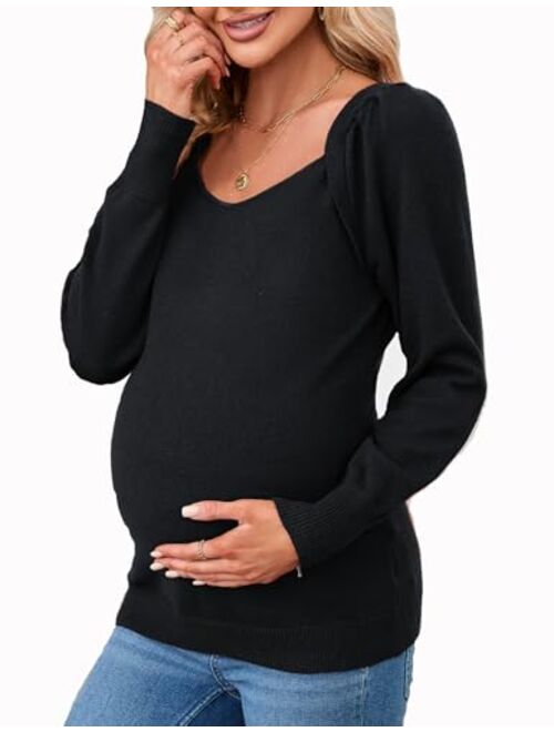 KOJOOIN Women's Maternity Tops Casual V Neck Sweaters Puff Long Sleeve Ribbed Knit Fall Pregnancy Babydoll Pullover Sweater