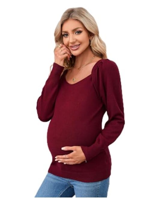 KOJOOIN Women's Maternity Tops Casual V Neck Sweaters Puff Long Sleeve Ribbed Knit Fall Pregnancy Babydoll Pullover Sweater