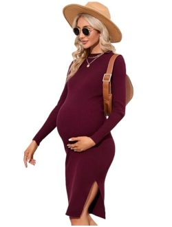 KOJOOIN Women's Bodycon Ribbed Knit Maternity Dress Slim Fit Long Sleeves Side Slit Midi Sweater Dress