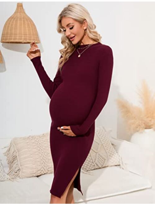 KOJOOIN Women's Bodycon Ribbed Knit Maternity Dress Slim Fit Long Sleeves Side Slit Midi Sweater Dress