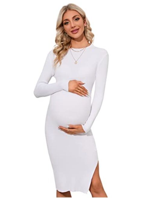 KOJOOIN Women's Bodycon Ribbed Knit Maternity Dress Slim Fit Long Sleeves Side Slit Midi Sweater Dress