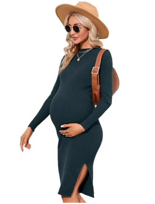 KOJOOIN Women's Bodycon Ribbed Knit Maternity Dress Slim Fit Long Sleeves Side Slit Midi Sweater Dress