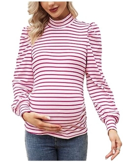 Coolmee Women's Knit Ribbed Maternity Top Mock Neck Long Sleeve Shirts Pregnant Ruched Tunic Pullover Top