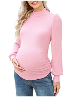 Coolmee Women's Knit Ribbed Maternity Top Mock Neck Long Sleeve Shirts Pregnant Ruched Tunic Pullover Top